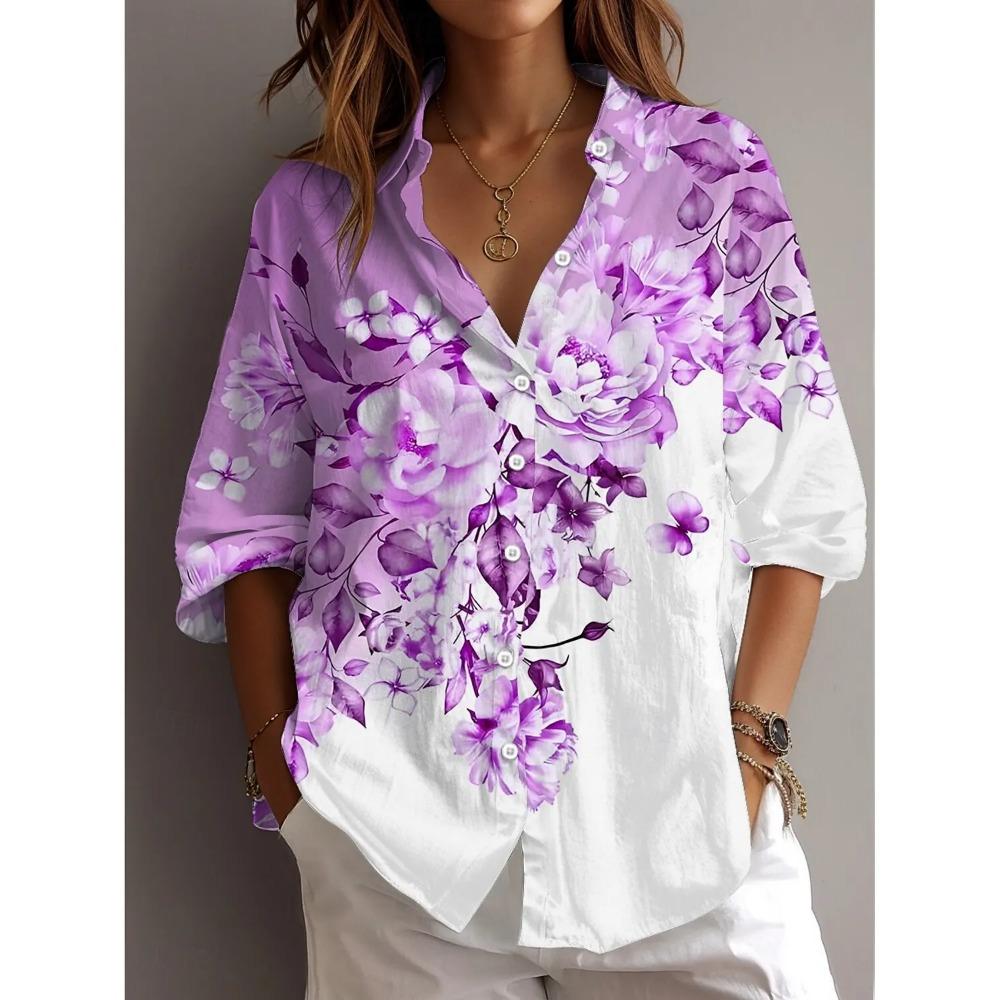 2025 Spring Autumn Women's Shirt Floral Graphics Blouse Lapel Neck Blouse Women Long Sleeve Shirts Womens Tops Female Clothing