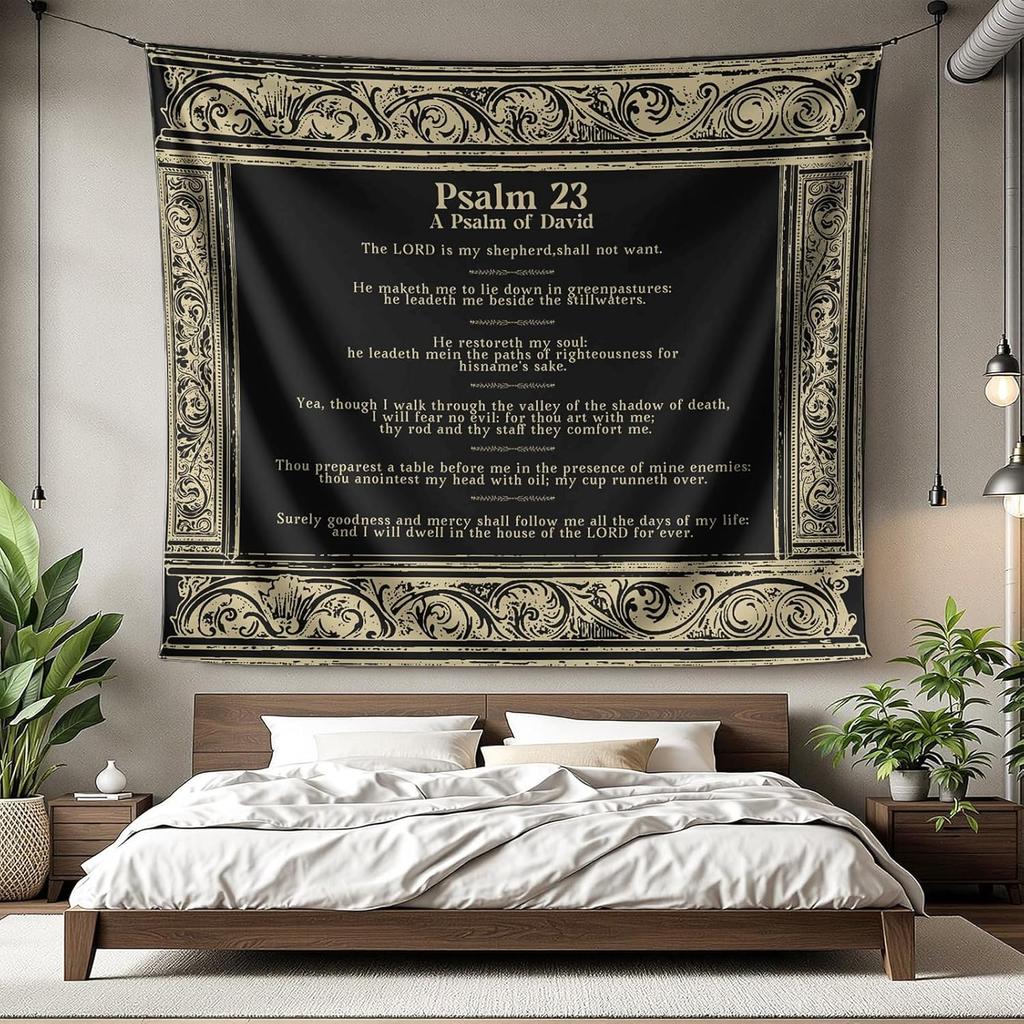 Elegant Psalm 23 Tapestry, Whimsical Black And Gold Scripture Print With Ornate Border For Cozy Christian Home Decor