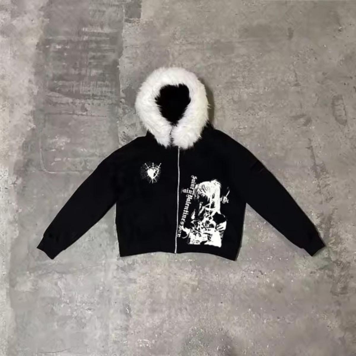 

DRIPX Winter Fashion Streetwear Women s Gothic Printed Faux Fur Hooded Jacket Trendy Edgy Zip - Up Sweatshirt XXL