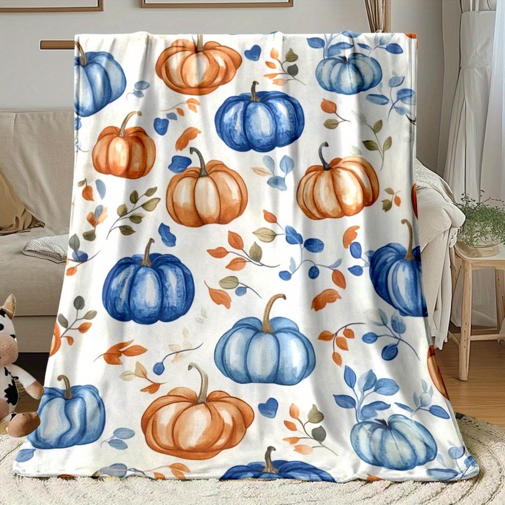 Autumn Pumpkin Pattern Flannel Blanket Warm Fall Themed Bed Cover Soft Comforter Home Decor Seasonal Gift for Kids