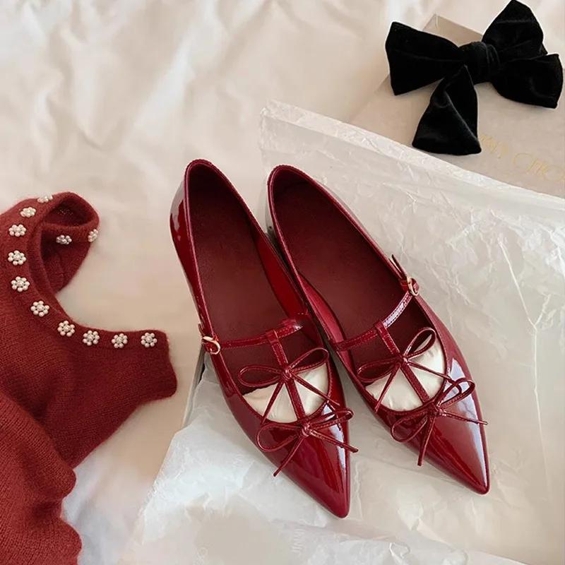 Fashion 2025 T-strap Pointed Toe Flats Shoes Women Bowtie Buckle Strap PU Leather Elegant Red Mary Janes Shoes Ladies Party Black Pumps