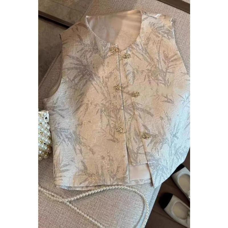 

Женский жилет в китайском стиле из бамбукового жаккарда, без рукавов, с круглым вырезом и золотыми пуговицами S бежевый