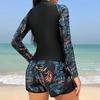 Western Style Women's Two Piece Tankini Swimsuit Long Sleeve Printed Color Blocked Design with Double Layered Waistband