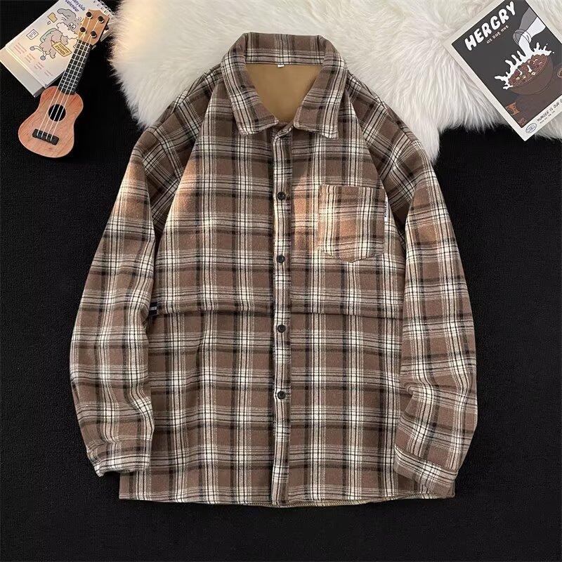 Japanese-Style Retro Cityboy Velvet Padded Shirt Autumn and Winter Boys' College Style Thickened Couple Warm Plaid Shirt