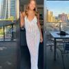 Women Holiday Hollow Out Split Summer Beach Knitted Backless Spaghetti Strap Maxi Dress