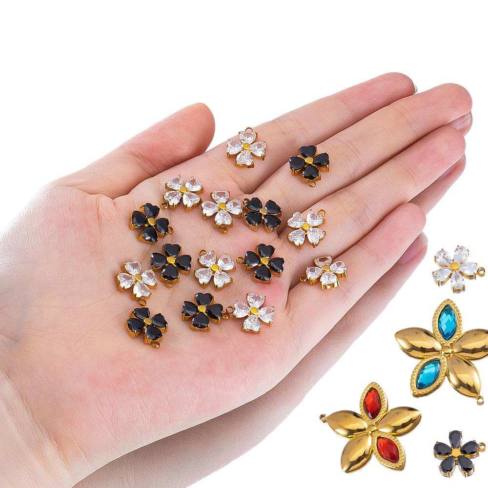 2Pcs Fashion Black White Heart Flower Earrings Charms Golden Plated Stainless Steel Zirconia Petal Pendant Necklace DIY Findings