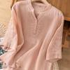 Women's Summer Casual Cotton Linen Embroidered V Neck Half Button Loose Fit Short Sleeve Plus Size Blouse Top