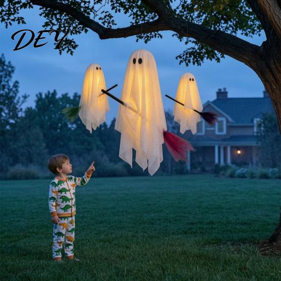 Halloween Hanging Ghost Decorations 3 Pcs Decorations, Spooky with Broom, Lighted Yard Ornaments Large Flying White for Tree Porch Patio Decor Ceiling