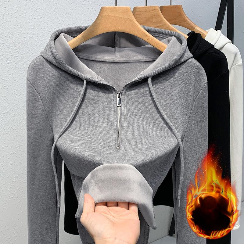 

Черный полуцепочка плюс бархатный свитер с капюшоном женский осенне-зимний нижний слой рубашка повседневный топ с поясом S серый