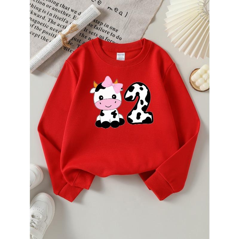 European Sizes Girls' Long-Sleeve Round Neck Sweatshirt "Cute Cow Number Two" Print, Spring/Autumn, Casual, Daily & Sports.