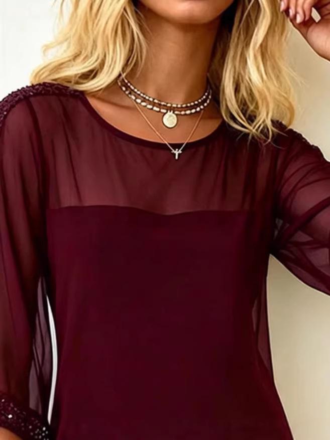 Frühling-Sommer Rundhals Dreiviertelarm Netz Paillettenkleid für Damen