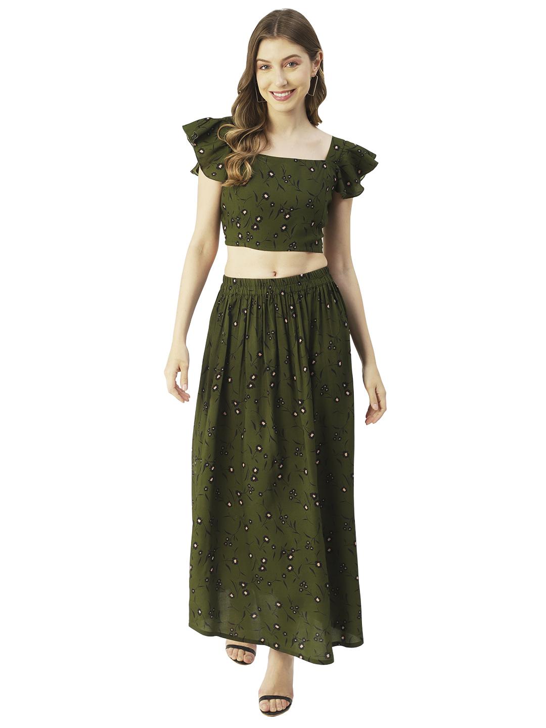 

Moomaya Жіночий літній комплект Coord з принтом, 2 предмети з віскози, укорочений топ і спідниця XS зелений