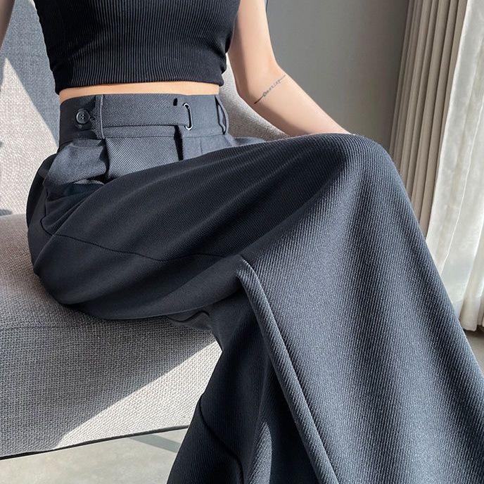Petite Gray High-Waisted Wide Leg Suit Pants - Women's Slimming Loose Fit for Spring/Autumn