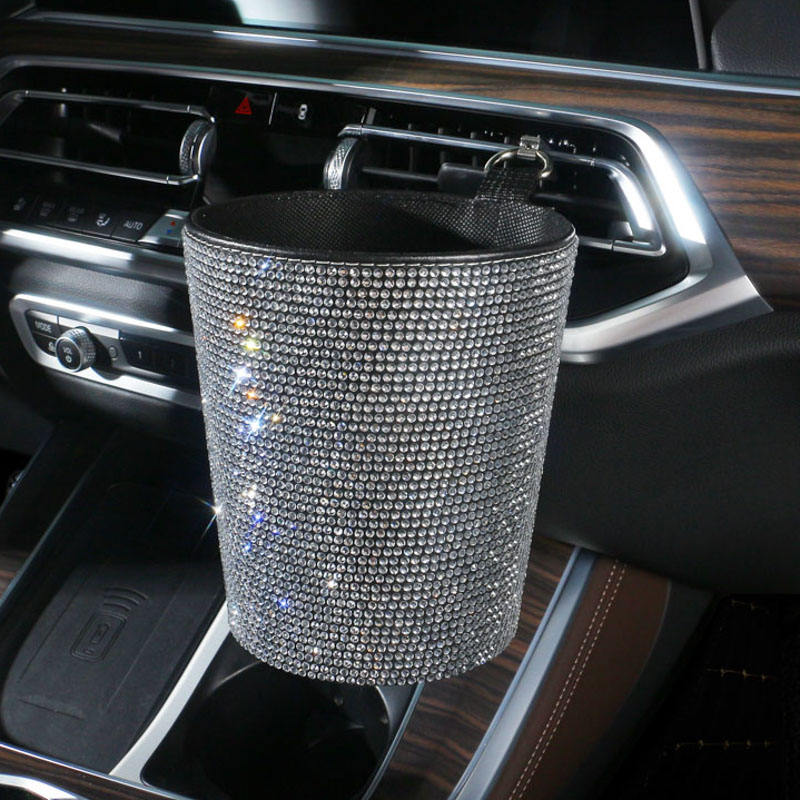 Rhinestone Car Trash Can Cute Garbage Cans Auto Air Vent Trash Bin Portable Waterproof Pink Bling Car Accessories for Women