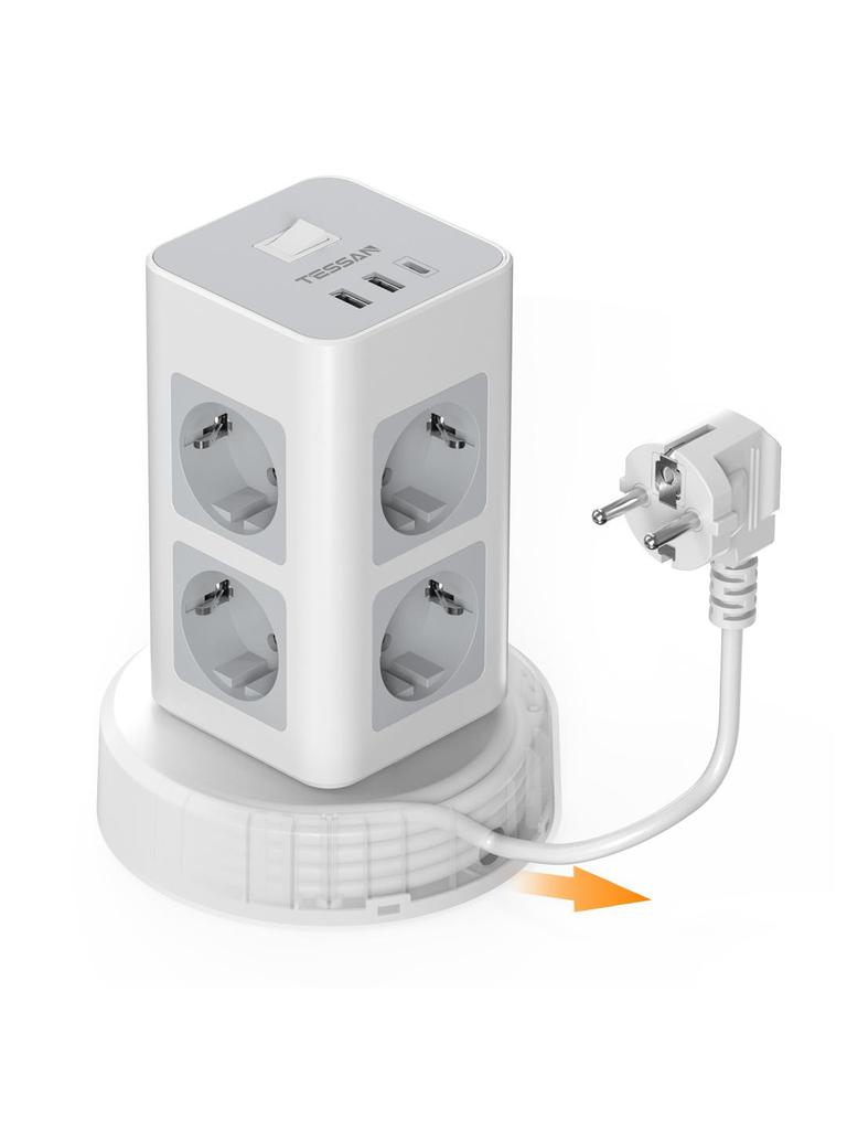 Tessan Torn 8-vägsuttag Multistickkontakt Vertikal 2m Förlängningssladd EU-kontakt med 3 USB Överspänningsskydd Strömbrytare