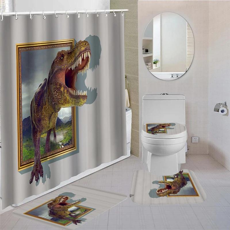 Dinosaur Bathroom Waterproof Shower Curtain Sets With Non-Slip Mat Rug Durable Bath Carpet Lid Toilet Cover Door Mats Bathing