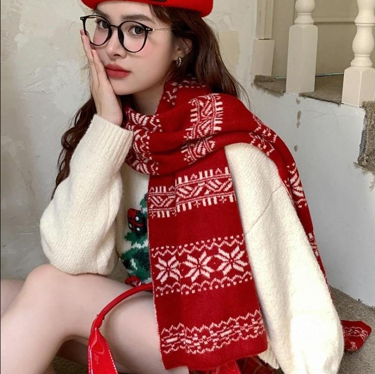 Thickened Double-Sided Knitted Scarf For Women Windproof Muffler Warm Shawl  Year'S Christmas Accessories