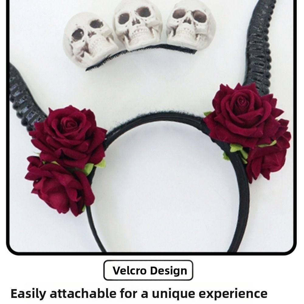 Skull Sheep Horn Hairband Halloween Red Rose Headband Flower Crown Ox Horns Headband  Festival Wear