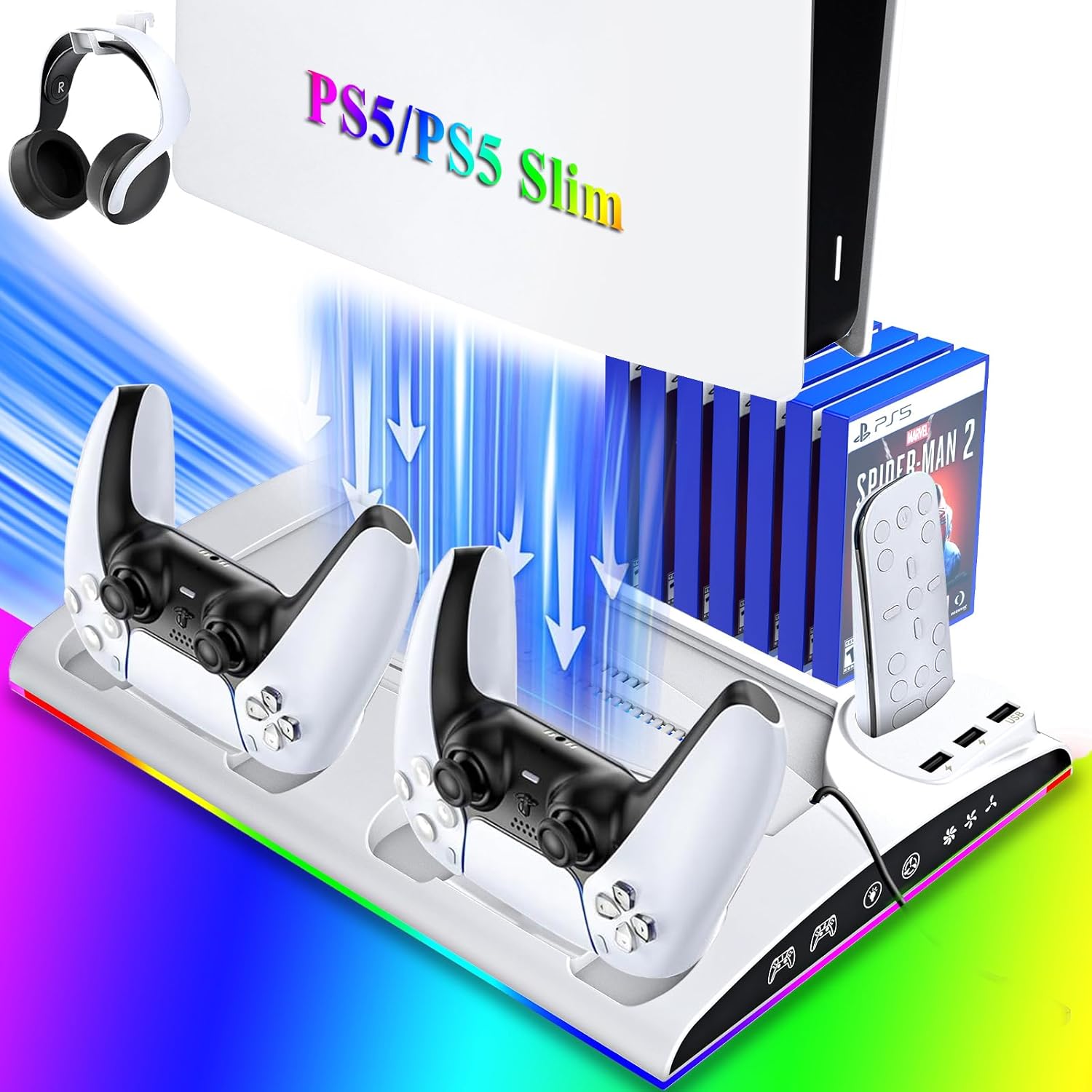 Cooling Station for PS5/PS5 Slim Disc & Digital Console, PS5/PS5 Slim Stand Cooling Stand with RGB Controller Fast Charging Station for PS 5 Console,