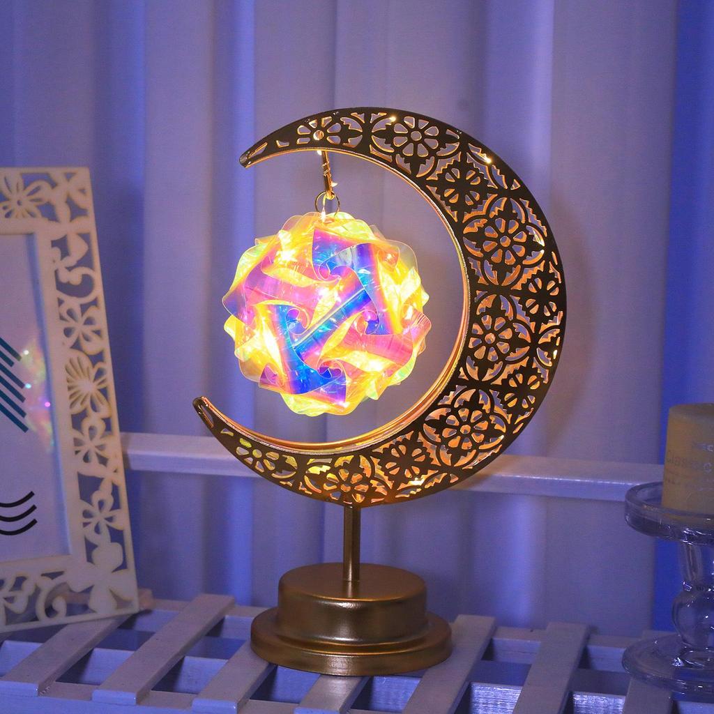 Drehbare LED-Schmiedeeisen-Mond- und Sternenlampe – Dekoratives Schreibtischornament im nahöstlichen Stil.