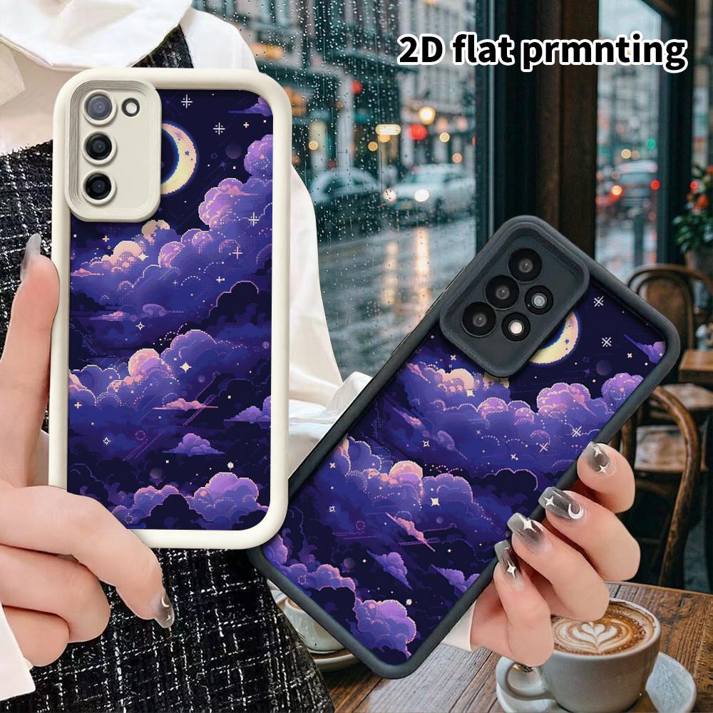 Phone Case: 2D Flat Samsung Galaxy A34 A35 M05 M06 S20 S22 S21 FE Plus 5G Step Edge Case, Cloud and Crescent Moon, Christmas and Halloween Gift
