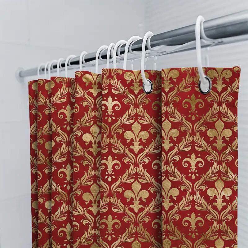 Luxury Golden Floral Shower Curtain with Fleur De Lis Design for Bathroom Decoration Red and Gold Pattern Print Waterproof Fabri