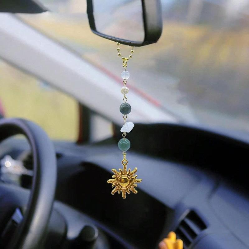 Sun Hanging Car Charm, Green And Gold Rear View Mirror Accessories Cute Boho Dangling Sun Car Decor Handmade Healing Crystals Stones Ornament Gifts