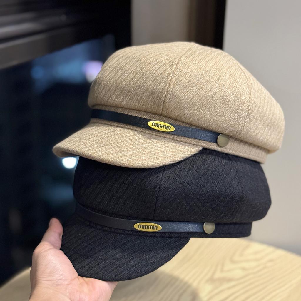 Retro Letter Small Label Belt Woolen Octagonal Hat for Women in Spring and Autumn Versatile Face showing Beret