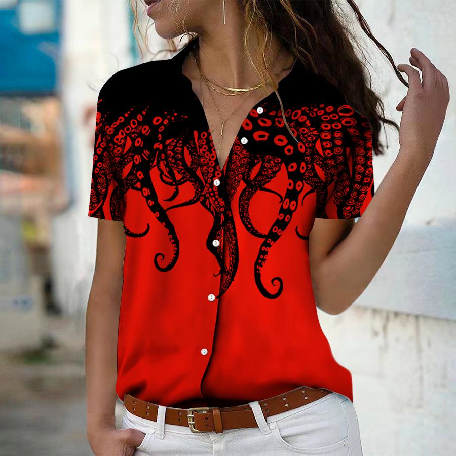 

2023 летняя новая модная женская красочная рубашка с принтом «рыбий хвост» и коротким рукавом с v-образным вырезом, повседневная рубашка на пуговицах, топ