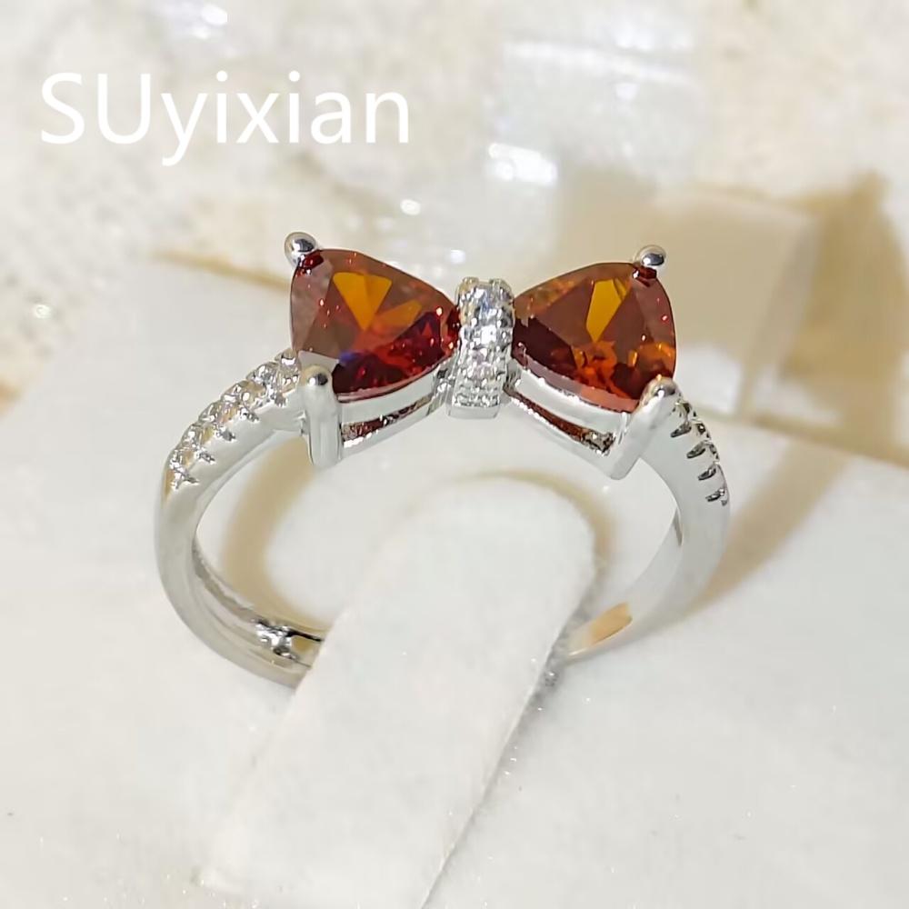 925 Sterling Silver Stylish Delicate Red Zircon Bow Ring, Birthday Party Anniversary Gift, Ladies Jewelry