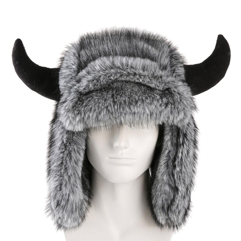 Thick Horn Hat Faux Fur Lined Winter Ski Hat Soft Ear Protection Hat Men