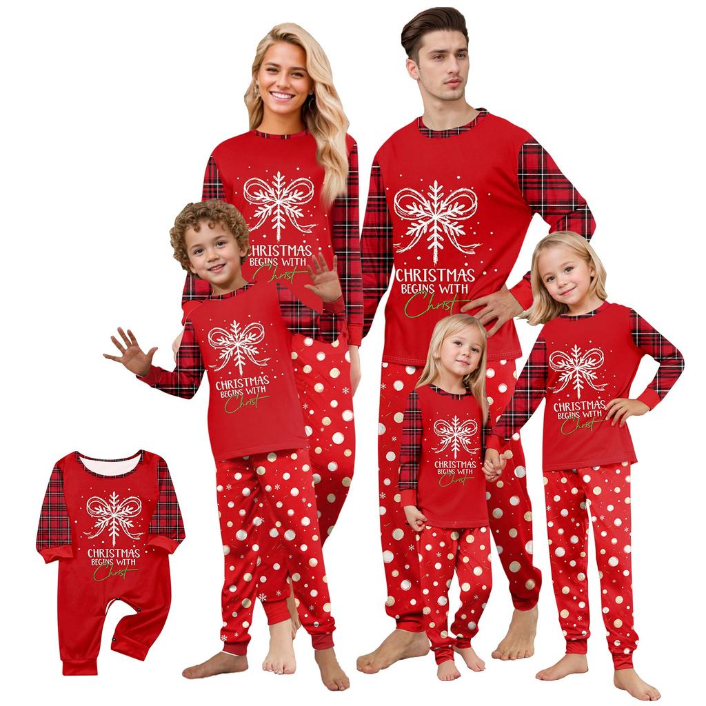 Set de pijamale de Crăciun coordonate pentru familie, cu top cu mânecă lungă și gât rotund și pantaloni, pentru părinte și copil