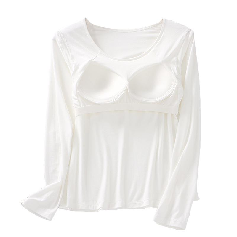 Damska koszulka z długim rękawem i okrągłym dekoltem z wbudowanymi bezprzewodowymi miseczkami – wyszczuplająca warstwa bazowa do jogi