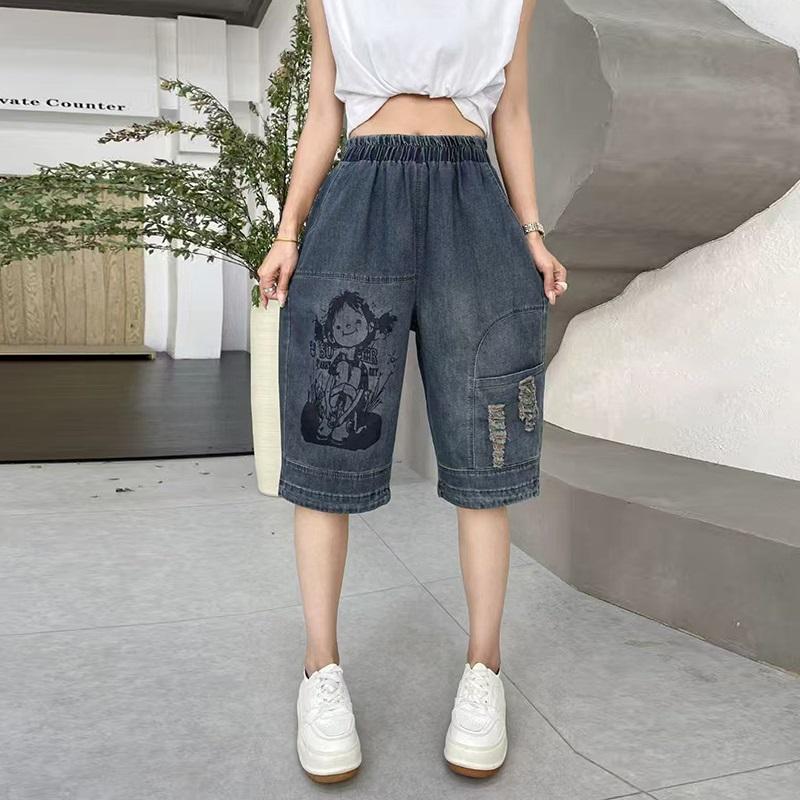 Plus Size Thin Vintage Ripped High Waist Casual Loose Women Summer Half Jeans Denim Harem Pants