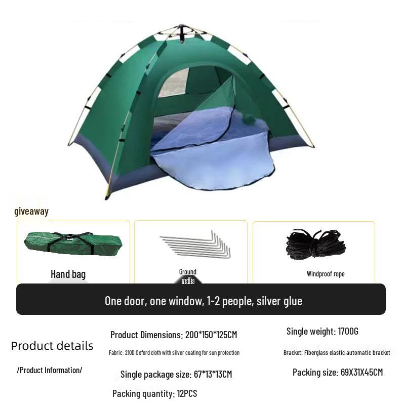 3-4 Person Automatic Camping Tent - Rainproof, Sun-Protected, Ultra Lightweight, Quick Setup Tent Only