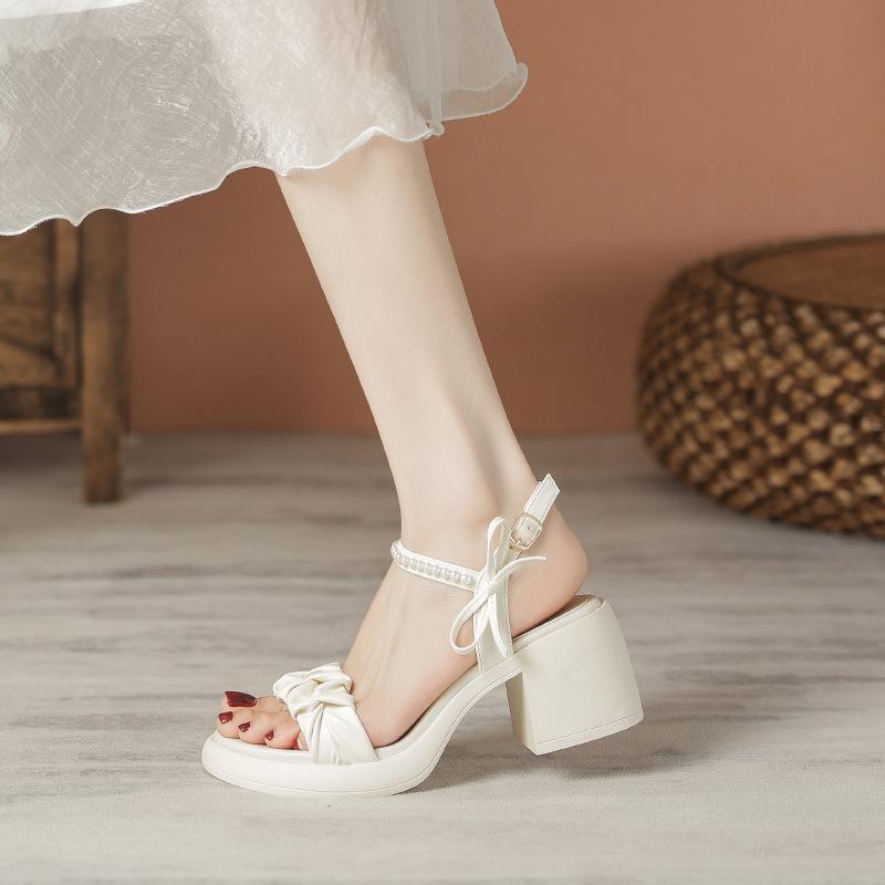 Bow Word with Sandals Summer Sweet Medium Heel Thick Heel Thick Sole Word Buckle