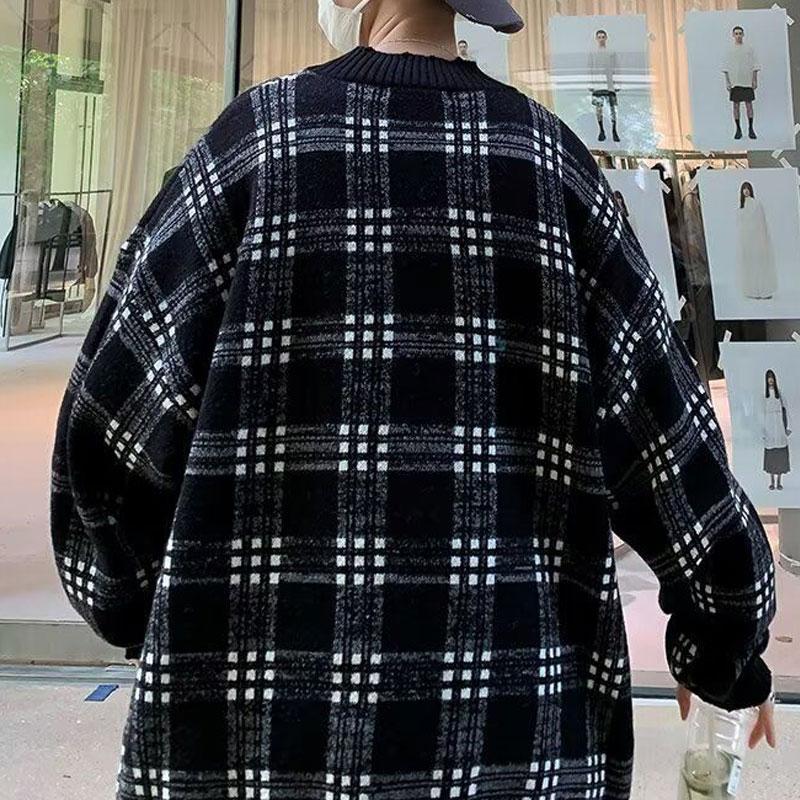 Men's Vintage Plaid Knitted Pullovers Contrasting Colors Loose Autumn Winter Casual O-Neck Fashion Long Sleeve Sweaters