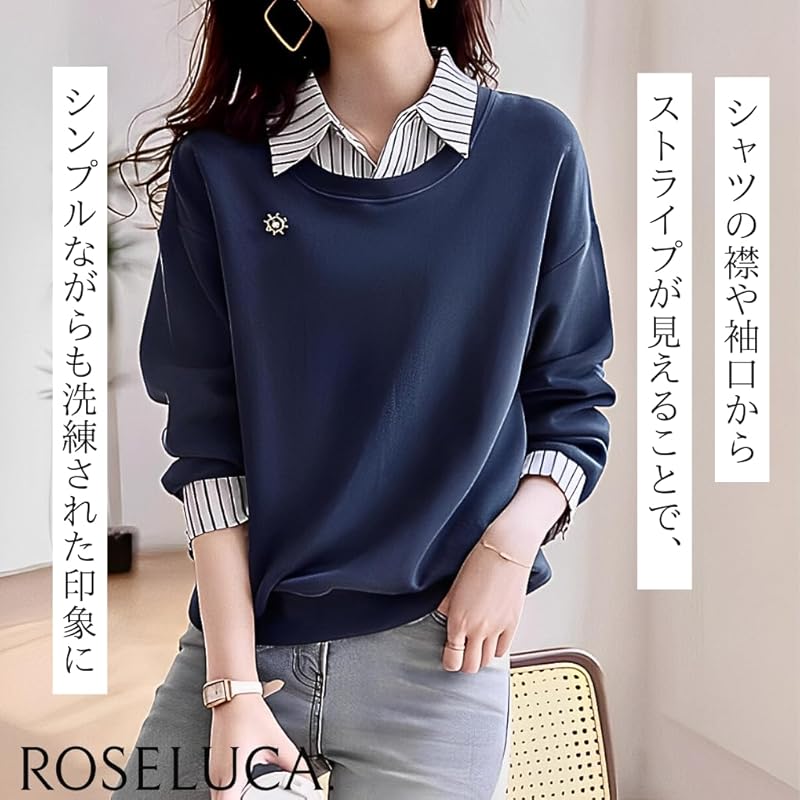 [ROSELUCA.] Layered Style Cut and Sew Tops Ladies Pullover Spring Long Sleeve Simple Casual Navy M