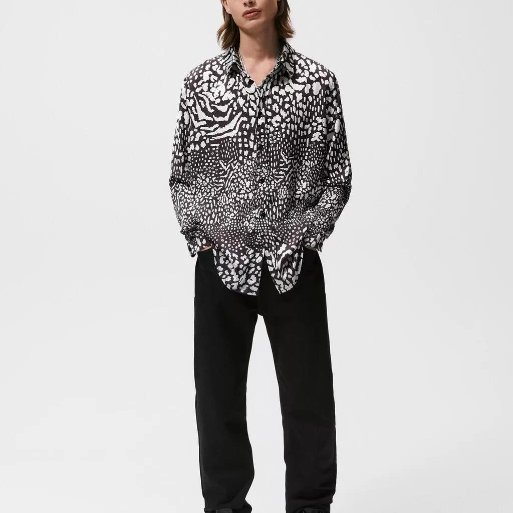 Zara Повседневная рубашка с длинным рукавом с принтом животных, мужские рубашки, черная 6917341-800