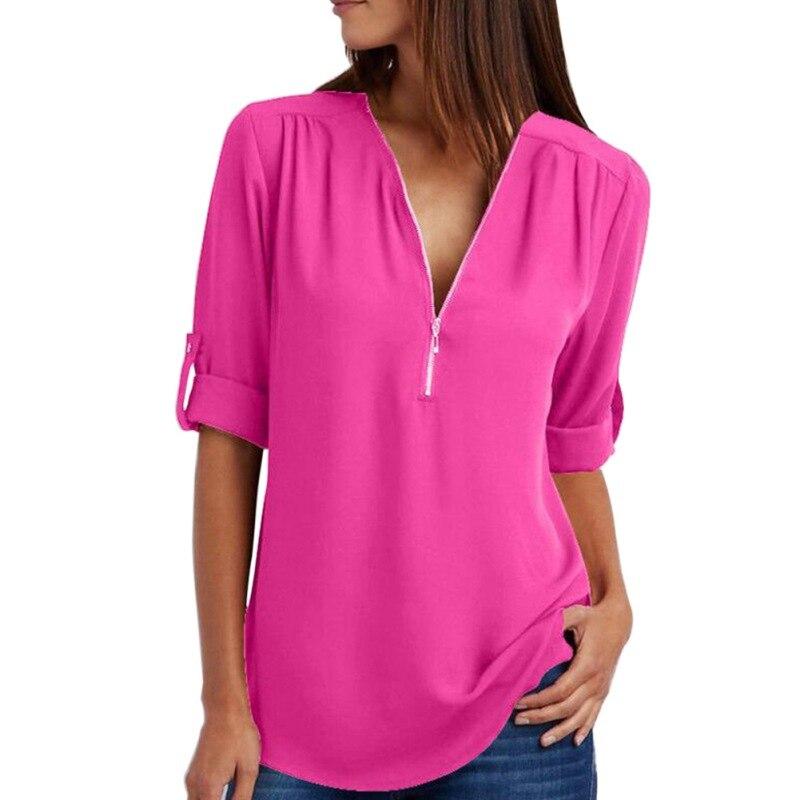 Women's V-neck Zipper Plus Size Long-Sleeved Retractable Sleeves Loose Chiffon Shirt Top M-5XL