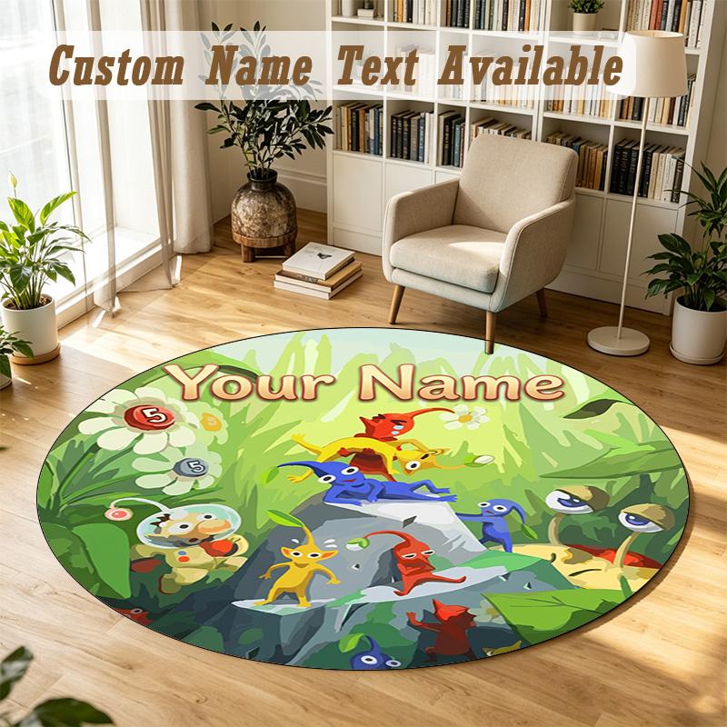 Pikmin Personalized Round Rug Support Custom Name, Soft Home Decor Mat