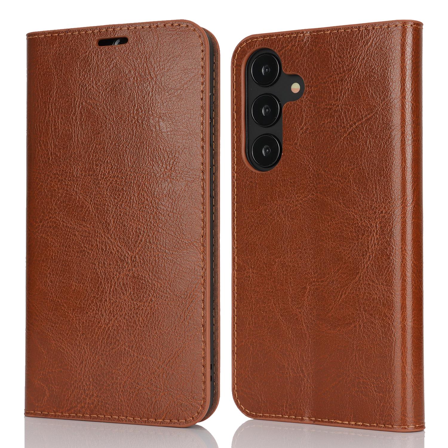 

For Samsung Galaxy S25 Case Crazy Horse Texture Split Leather Wallet Phone Cover Light Brown