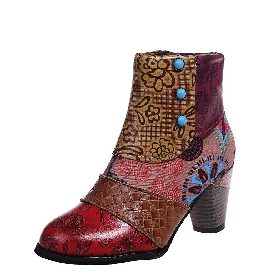 Fashion Vintage Leather Women Boots Bohemian New Female Retro Printed Buckle Soft Zipper Ankle Boots Women Botines Mujer Botas Feminino