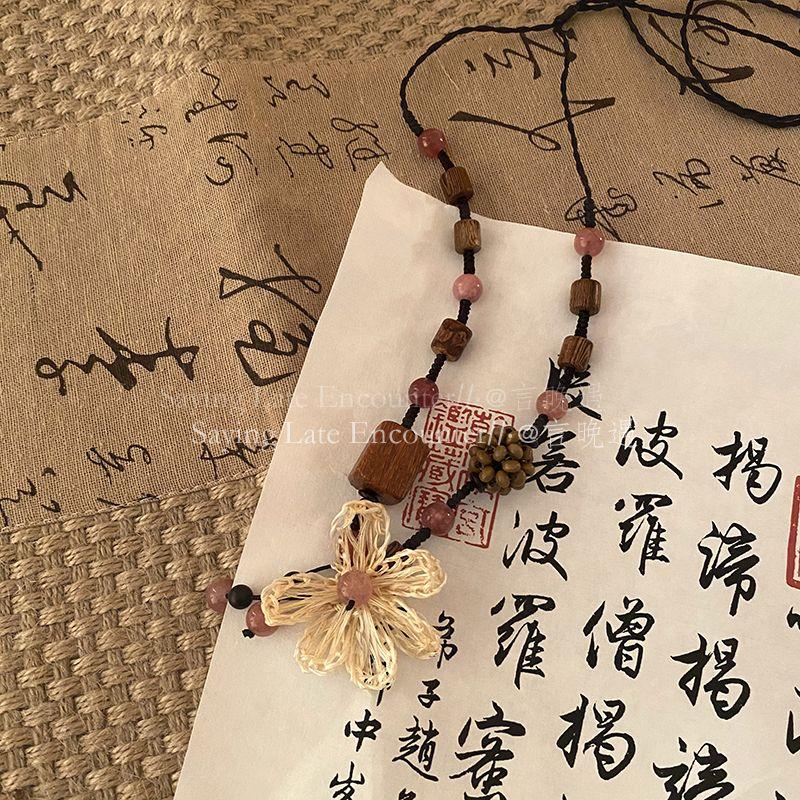 Retro Wood Woven Flower Long Necklace Women's New Chinese Ethnic Style Zen Sweater Chain Decorative Lanyard Accessories