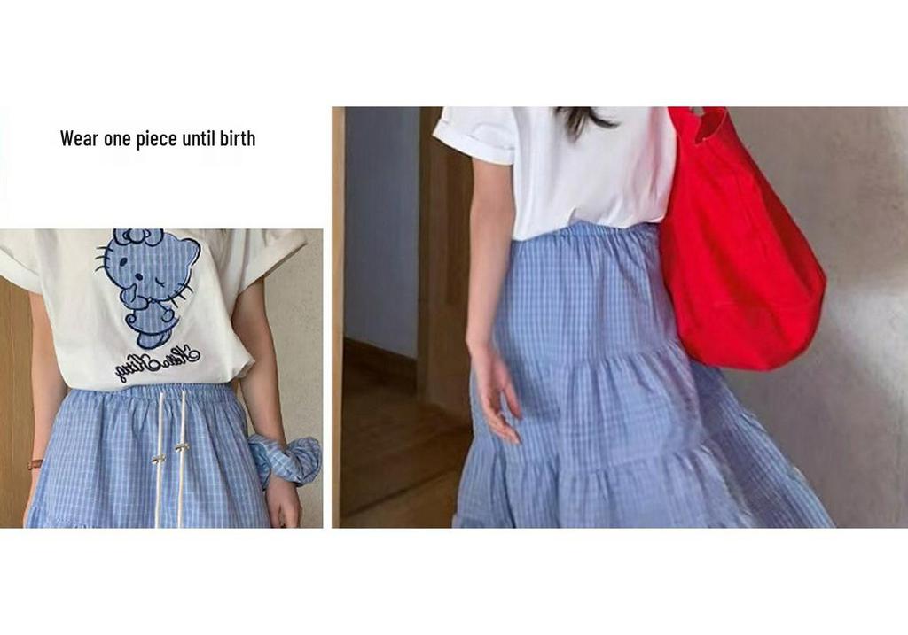Maternity Summer 2026 Sweet Spicy Mom Cartoon T-shirt & Plaid Skirt Set