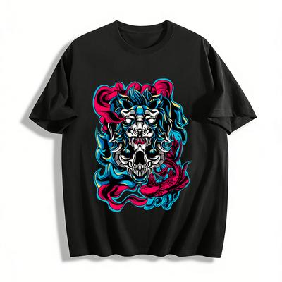 Mythical Beast Koi Skull Graphic Edgy Casual Short Sleeve Tee Pure Cotton T-shirt