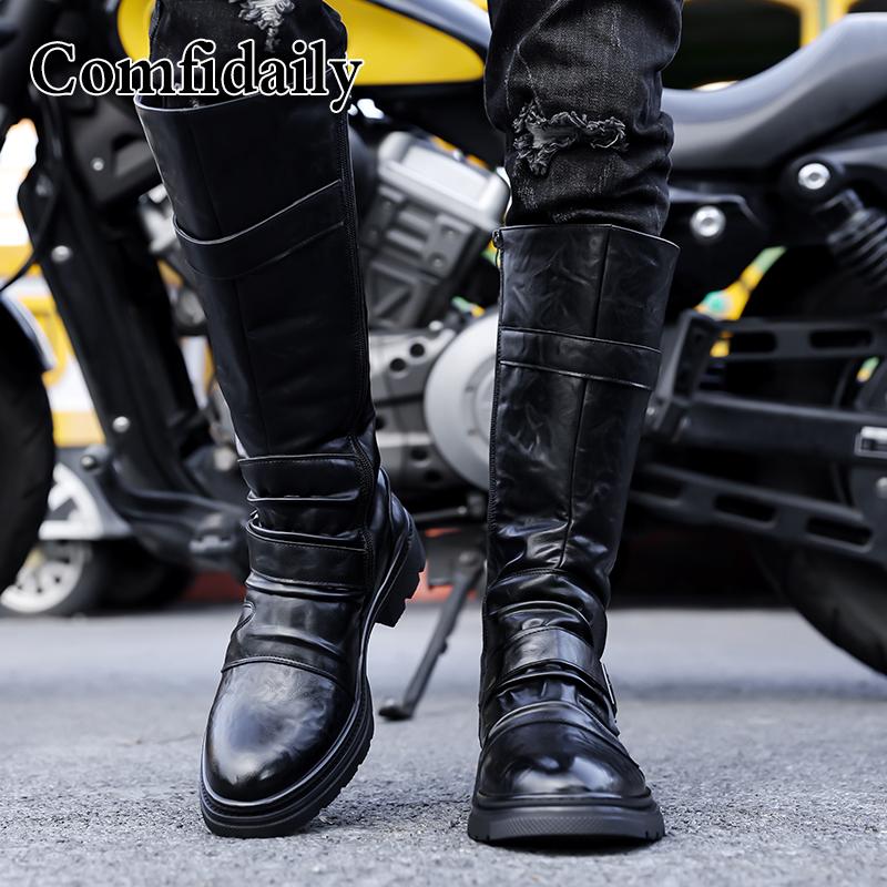 Stivali da Motociclista da Uomo Stivali Western Stivali da Jockey Neri Stile Streetwear Casuale Stivali Alti Cool Taglie Forti