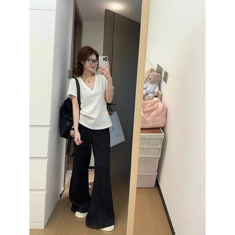White V-neck bamboo cotton short-sleeved women's summer casual loose and comfortable bottoming top simple and versatile basic T-shirt