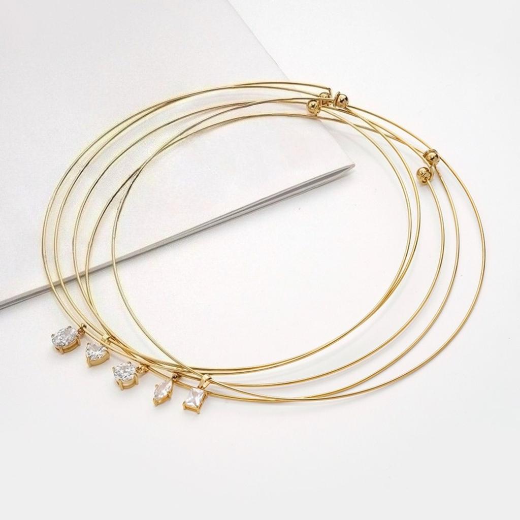 Stainless Steel Gold Plated Spring Collar Choker Oval Heart Square Zirconia Pendant Necklace for Women Tarnish Free Jewelry