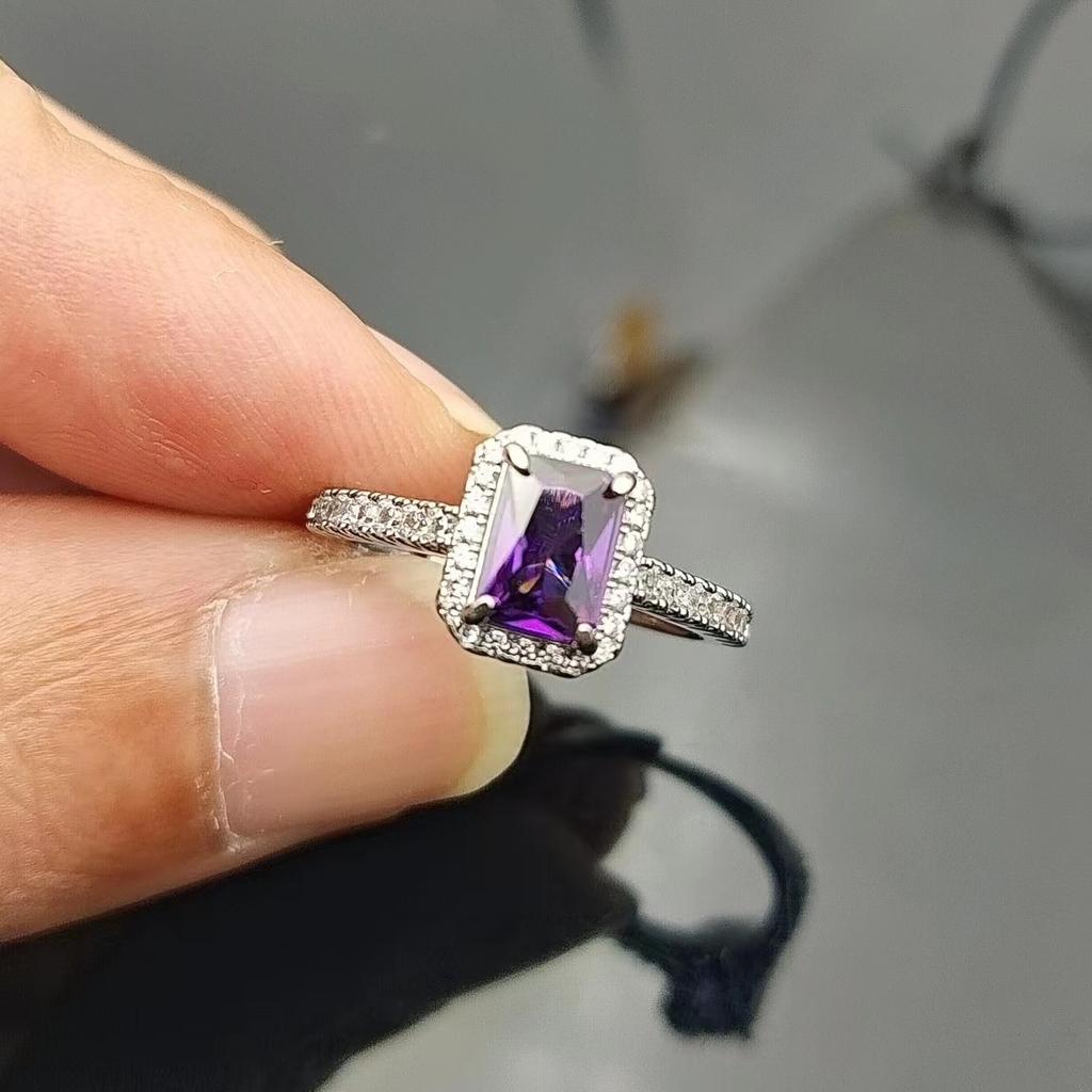 Style Accessories Niche Personality Ladder T Square Zircon Live Ring Women'S Rock Sugar Square Diamond Ring Light Luxury Jewelry